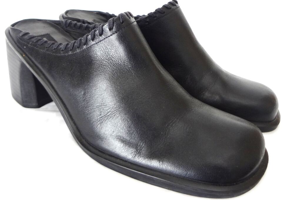 Vintage 90s Gloria Vanderbilt Black Leather Mule Heel Clog Bootie Womens 9